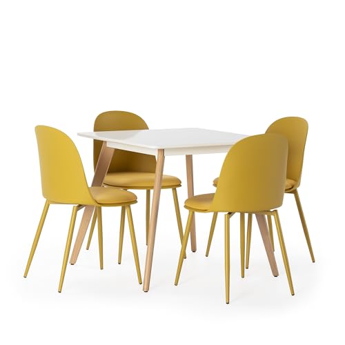 HOMN LIVING Juego de Mesa de Comedor cuadrara 80x80 cm y 4 sillas de Comedor Kana Color Mostaza y Pata en Metal