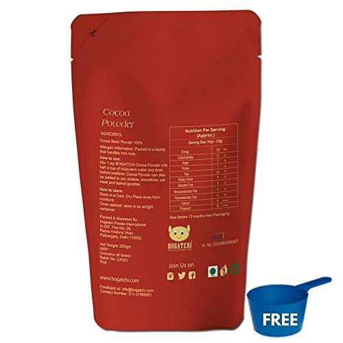BOGATCHI Natural and Single Origin, Cocoa Powder for Cake Making, Vegan | No Sugar| Gluten Free| Keto Chocolate, Dark Unsweetened Cocoa Powder, 200g, Free Measuring Spoon