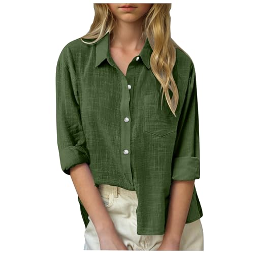 Girls Button Down Shirts Long Roll Up Cuffed Sleeve Collared Blouses Casual Cotton Linen Summer Tops with Pockets