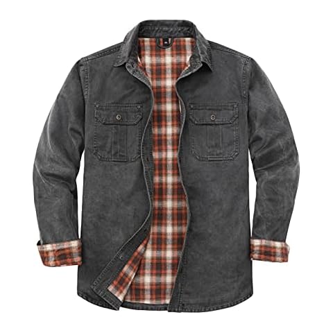 ZENTHACE Mens Shirt Jacket,Heavy Washed Rugged Cotton Shirt Jackets,Outdoorsy Utility Jacket(Full Flannel Lined) - grey - XL Cover