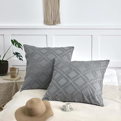 xuan dian Square Pillow Shams 2 Pack, Square Size Pillowcases, Soft Microfiber Geometric Tufted Pillow Covers with Envelope Closure, Grey, 26x26 Inches Cover