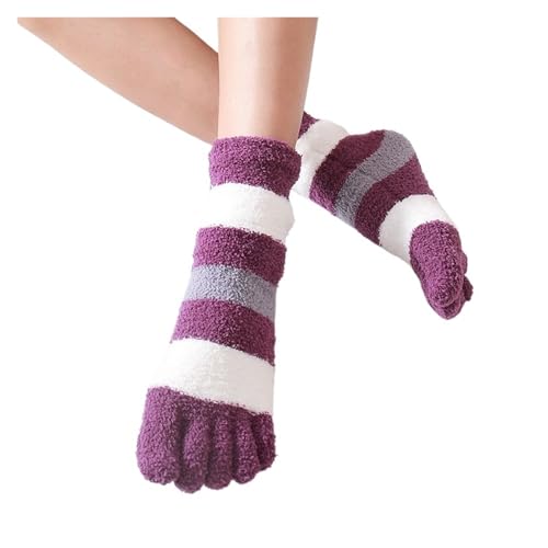 MKLHAVB 3 pares de meias grossas de 5 dedos para mulher, meias quentes de inverno com dedos, sapatilhas de chão macias e aconchegantes às riscas para mulher (3 Pair Purple)