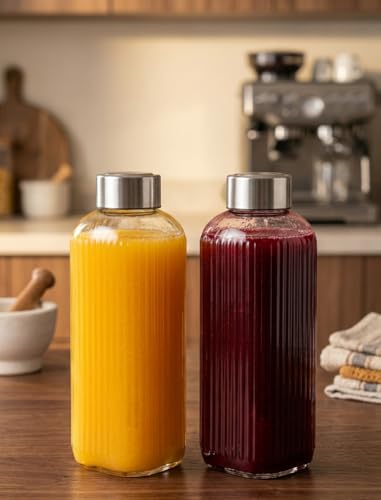 Image of CROCO JAR Wide Mouth Glass Water Bottle with Leak-Proof Airtight Double Layer Stainless Steel Lid for Water, Smoothie, Juices (750 ML Strip Set of 2)