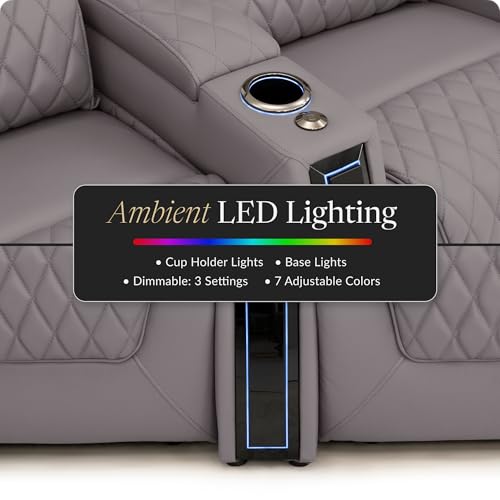 Image of Seatcraft Apex Gray Italian Leather Home Theater Seating, Zero Gravity Power Recliner Chair, Powered Headrest and Lumbar Gaming and Lounge Sofa Furniture for Cinema Room, Row of 2 Loveseats