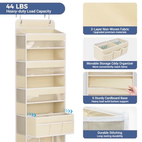 COOLBEBE Over the Door Organizer, 5-Shelf Hanging Storage with 2 Metal Hooks, Heavy Duty Door Organizer with Clear Windows & Movable Caddy for Nursery Bathroom Bedroom Closet, Beige - Image 6