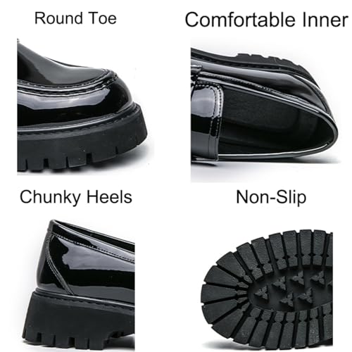 Mens Fashion Patent Leather Platform Slip-On Dress Penny Loafers Round Toe Chunky Heels Non-Slip Casual Shoes for Formal Business Wedding Prom2