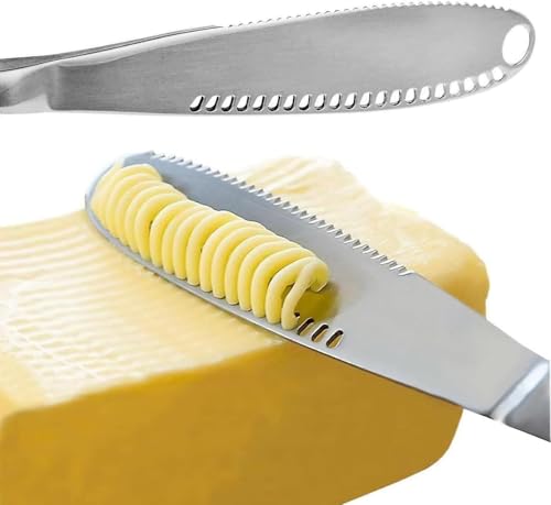 Masyrt Butter Knife, 3 in 1 Stainless Steel Butter Spreader, Serrated Shredding Slots Easy to Hold for Bread Butter Cheese Jam Slicer, Butter Cutter, Kitchen Gadgets (Silver)