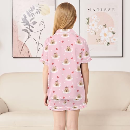Cartoon Bathing Capybara with Flowers Summer Satin Pajama Set, Cute Button-Down Sleepwear Pj Set for Sleep Wears4