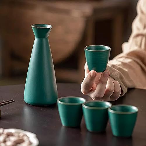 Juego de sake japonés REVLIE de cerámica verde con 4 tazas y bandeja retro 6