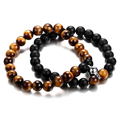 MAXZOOL Distance Couple Bracelet | His and Her Couple Bracelet, Natural Bead Elastic Bracelet, Black Matte Agate & White Howlite Bracelet, Colors Braided Rope Couple Bracelet,Adjustable.