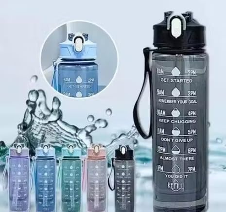 Image of MKY Motivational Water Bottle with Time Marker, 900ML Leak-Proof BPA-Free Sipper with Straw and Safety Lock for Gym, Office, School, Sports and Travel (Green)