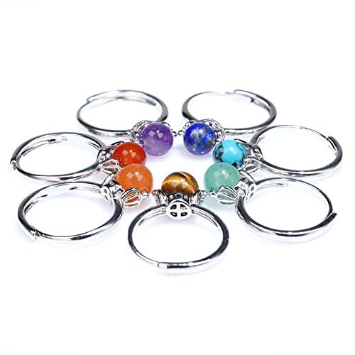 Jyotsna 1-7 Pcs Natural 7 Chakra Gemstone Adjustable Statement Rings | Crown | Gems Stones 8Mm Round | Beads Healing | Crystal Quartz (Chakra) #TOP2