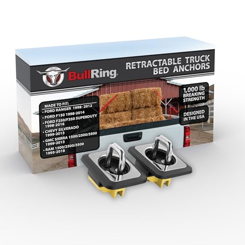 Bull Ring Retractable Truck Bed Tie Down Anchors, 98-12 Ford Ranger, 98-14 F150, 98-16 F250 & F350 Super Duty, 99-13 Silverado, 99-13 Sierra 1500 2500 & 3500, 95-18 RAM 1500 2500 & 3500 (1 Pair)