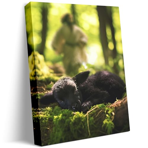 Image of Jesus and Lamb Canvas Wall Art Jesus Runs for the Lost Sheep In Summer Forest Picture Wall Art Canvas Print Christian Home Decor 12x16 inch