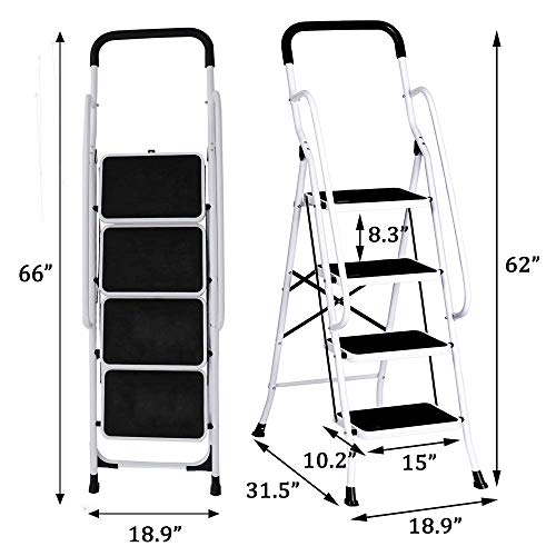 KARMAS PRODUCT 4 Step Ladder with Handles Folding Kitchen Step Stool for Home,Anti-Slip Safty Steel Ladders 330LB