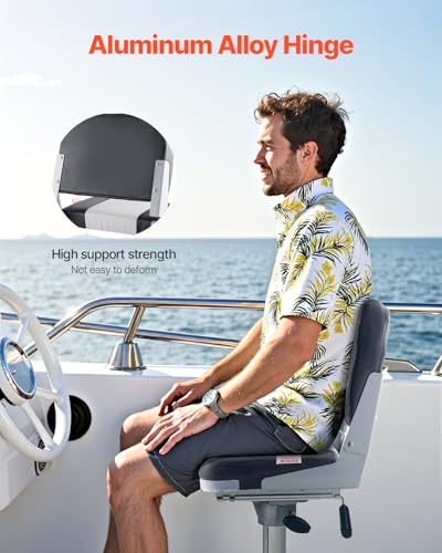VEVOR Boat Seat, Low Backrest, Folding Fishing Boat Seat with Thickened Sponge Cushion & Waterproof PVC Leather, Aluminum Alloy Hinges, Flip Up Boat Seat for Fishing Boats, Yachts, Ships, Black & Grey