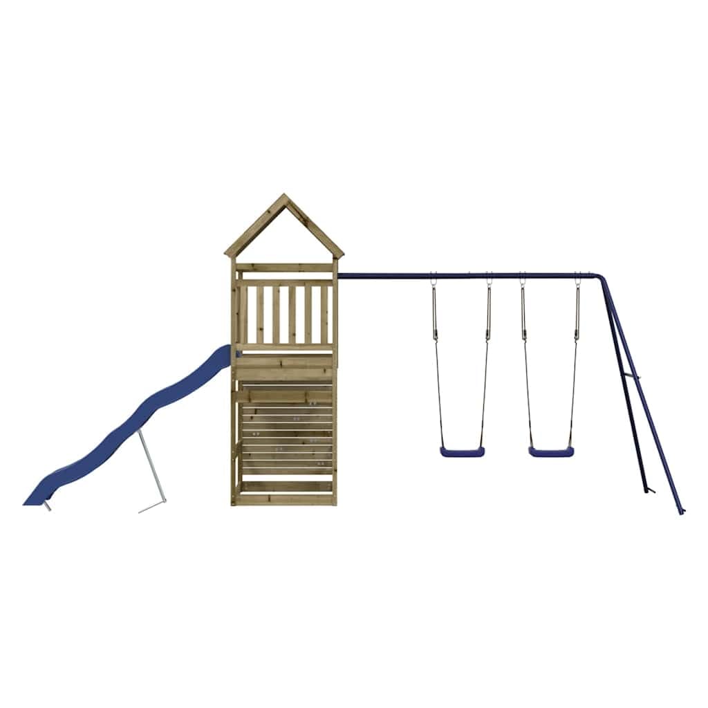 Aire de Jeu en Bois de pin imprégné pour extérieur Jardin avec Tour, balançoire Double, Toboggan ondulé, cabane et bac à Sable pour Enfants de 3 à 8 Ans, Structure Robuste et Stable