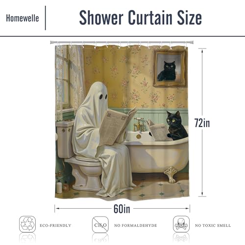 Image of Halloween Shower Curtain Funny Ghost Black Cat 60Wx72H Inch Decor