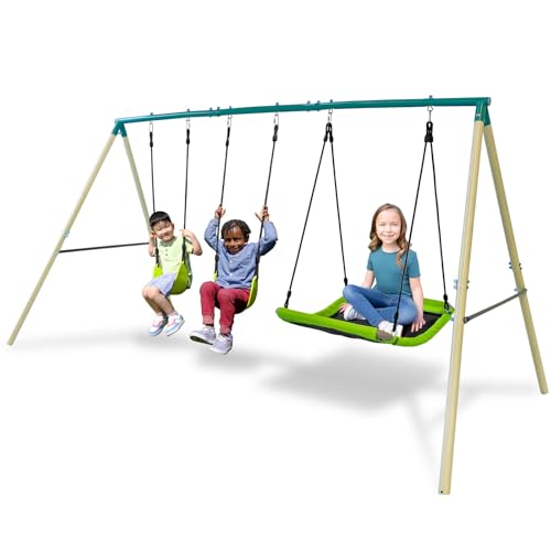 Sportspower Swing & Fly Metal Swing Set with 2 Sling Swings & 2-Person Skyflyer Swing, Heavy-Duty 2\" Steel Frame, Outdoor Playset for Kids, Bonus 4-Piece Anchor Kit - Thumbnail 2