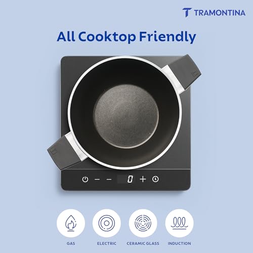 Image of TRAMONTINA Aura Extra Deep 22cm Kadai with Lid, 2.9L | Reinforced Ceramic Non-Stick Cookware | Quick & Even Heating & Low-Oil Cooking | Bakelite Handle | All Cooktop Compatible | Blueberry