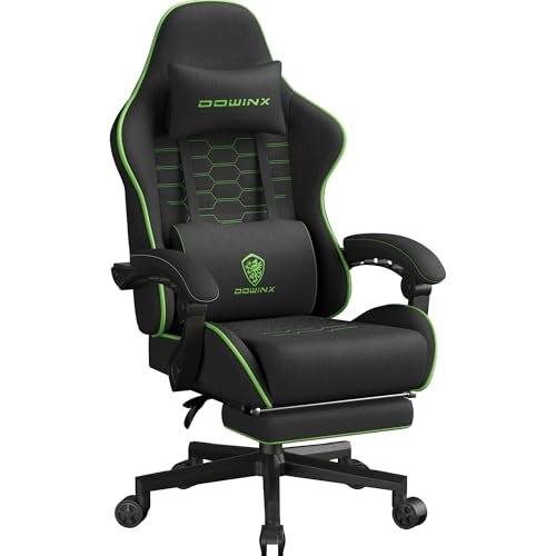 Image of Dowinx Gaming Chair Fabric Big and Tall with Pocket Spring Cushion, Massage Game Chair Cloth with Headrest, Ergonomic Computer Chair with Footrest 350LBS, Black Green