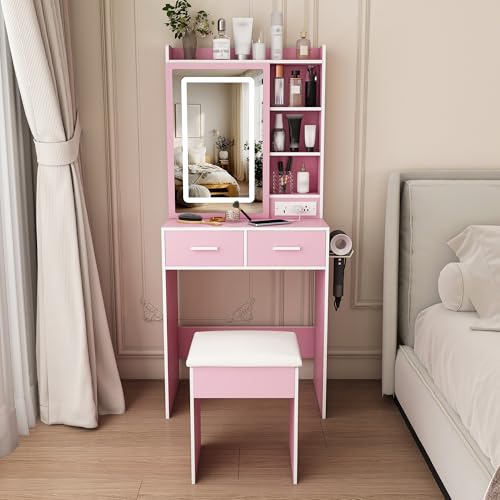 Small Vanity Desk Set with Mirror and Adjustable LED Lights Compact Pink Dressing Table with Built-in Power Outlet and Hidden Storage Padded Stool & Shelf Space-Saving Makeup Table for Bedrooms