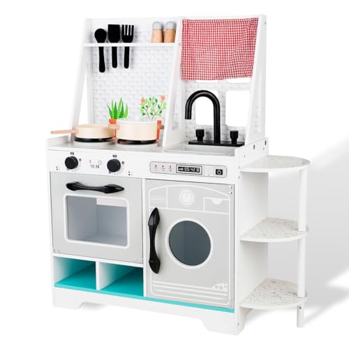 Holz Spiel Küche Set für Kinder Kleinkinder, Spielzeug Küche mit Kochzubehör Geschenk für Jungen Mädchen, Alter 3+, Größe: 81x71x28cm