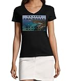 Atspauda Travel The World ES Grau Menorca - Camiseta de algodón con cuello en V para mujer, color negro, Negro, XL