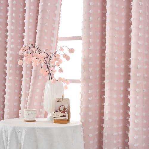 Image of Light Pink Curtains Blackout with Pom Pom Sheer 4 Panels 52x84 Inches Long