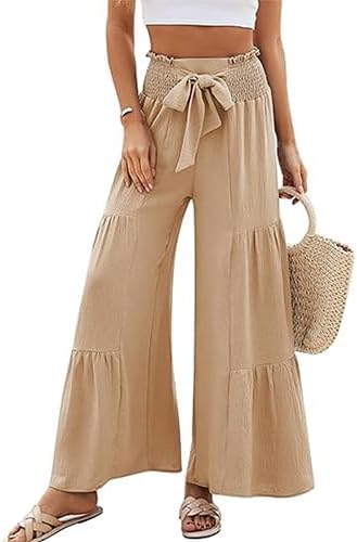 Women's High Waisted Lace Up Flared Pants Wide Leg Cake Wrinkled Casual Trousers