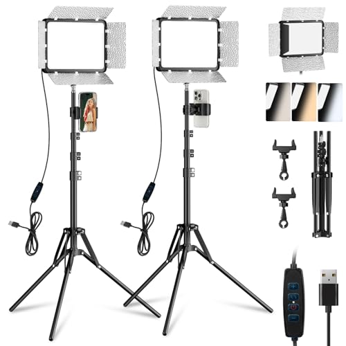 EMART LED Video Light Kit with Phone Holder & Barndoor, 2800-7000K Dimmable Studio Lights for Video Recording, 73'' Height for Live Streaming, YouTube, Vlog, Photography, Content, Podcast, 2-Pack