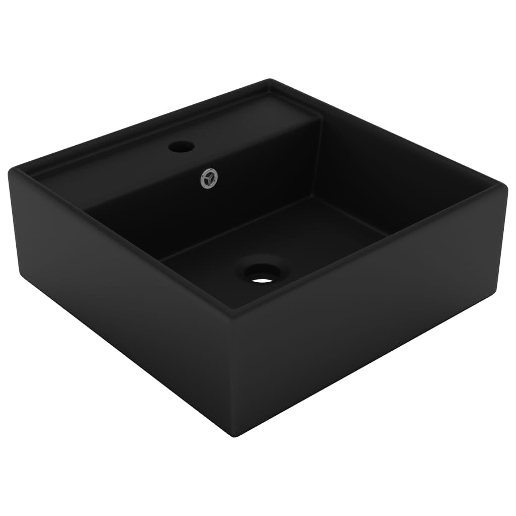 Lavabo de cerámica mate para baño con rebosadero y orificio para grifo. Lavabo de lujo con rebosadero cuadrado en diseño moderno. Elegante con orificio para grifo y para consola