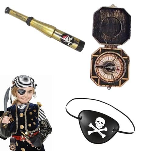 BOBOZHONG Accessoires de Costume de Pirate,3 Pièces Pirate Accessoire,Cache-Oeil Télescope Boussole,Ensemble D'Accessoires de Costume de Pirate,pour...
