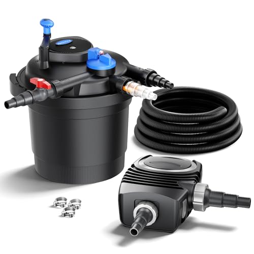 SunSun Komplettset: CPF-5000 Teichdruckfilter bis 9000 L mit 11 Watt UV-C Teichklärer, NEO-2800 SuperECO Teichpumpe 3000l/h 10W, 5m Teichschlauch 38 mm (1 1/2), Schlauchschellen W1 44-47mm