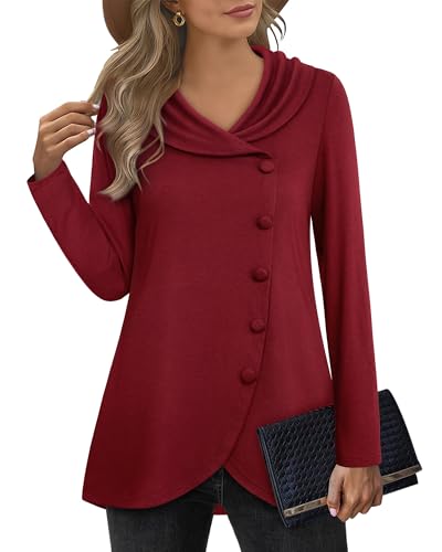 VALOLIA Womens Long Sleeve Tops Fall Winter Buttons Side Tulip Hem Lapel Pullover Sweatshirt