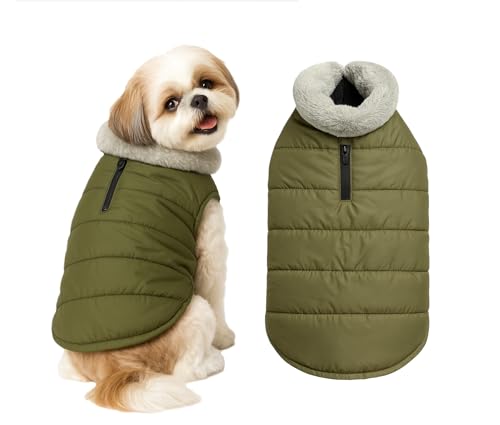 Image of The Pets Company Dog Winter Coat Jacket, Windproof, Waterproof, Light Weight, Washable, Ultra Warm Thick Fleece Lined Dog Vest for Cold Weather Protection, (Military Green, Small - 14 Inch)