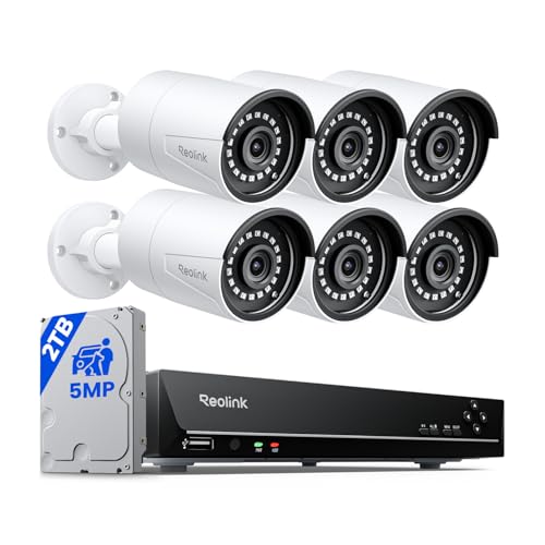 REOLINK 8CH 5MP Home Security Camera System, 6pcs Wired Outdoor PoE IP Cameras with Person/Vehicle/Pet Detection, 4K/8MP 8CH NVR with 2TB HDD for 24-7 Recording, RLK8-410B6-5MP