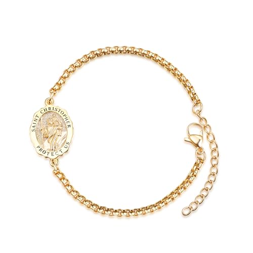 TANGPOET St Christopher Medal Bracelet For Women Men Gold Plated 925 Sterling Silver Saint Christopher Religious Catholic Jewelry Gifts For Mothers Day Fathers Day Birthday Christmas