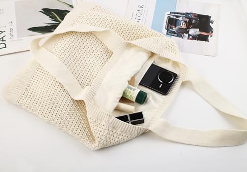 Image of COOKOOKY Lined Crochet Tote Beach Shoulder Bag Women Casual Work Shopping | Lined crochet tote with soft structure, perfect for beach, work, shopping. Roomy & lightweight for daily use.