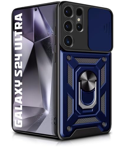 Image of WOW IMAGINE Tough Armor Bumper Mobile Back Case for Samsung Galaxy S24 Ultra 5G | Sliding Camera Shield Cover | Shock Proof 360 Protection | Hybrid PC + TPU | Ring Holder with Kickstand - Blue