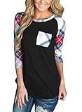 Annflat Women's Casual Striped 3/4 Sleeve Pocket T Shirt Color Block Blouses and Tops,Black,(US8-10)Medium