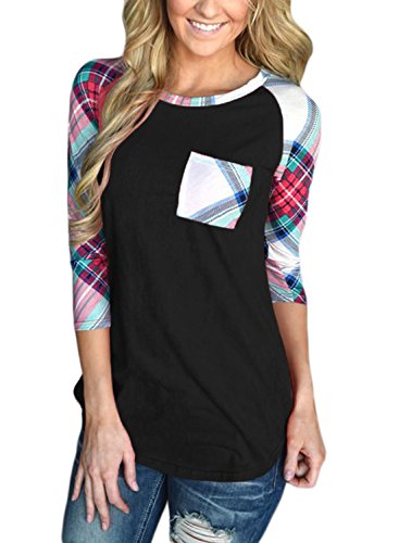 Annflat Women's Casual Striped 3/4 Sleeve Pocket T Shirt Color Block Blouses and Tops,Black,(US8-10)Medium