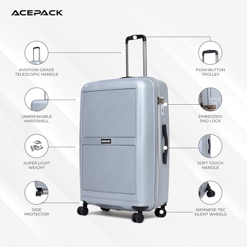 Image of ACEPACK Carbon 78 cm Large Check-in Size Hard-Sided Luggage Trolley Bag - Lightweight & Durable Polypropylene Suitcase with Anti-Theft Zipper & Number Lock for Travel (28) (Silver)