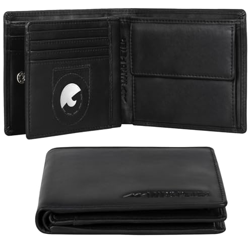 Marc Peter California AirTag Wallet mit Münzfach und RFID-Schutz | AirTag Geldbeutel | Portemonnaie Schwarz Nappa Geldbörse