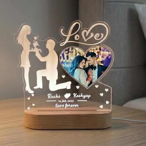 Image of Personalized Couple LED Acrylic Lamp - Custom Photo Frame Night Light, Romantic Proposal Design Gift for Anniversary, Wedding, Valentine's Day