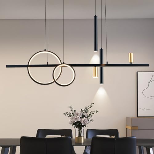Jyforid Modern Black LED Dining Room Light Fixture with Remote Control, 47" 36W 3-Color Temp Stepless Dimmable Island Pendant Lights, Hanging Adjustable Linear Chandelier for Kitchen Bar by Jyforid - Used condition - US$110.57