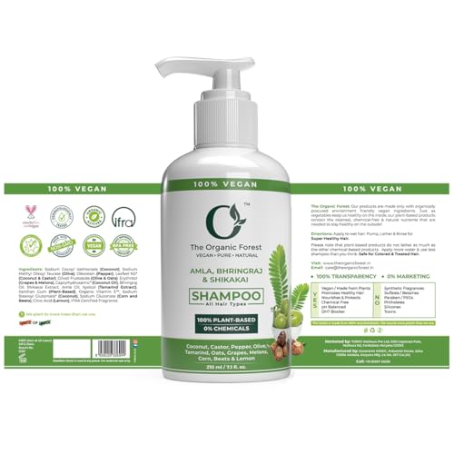 Plant Based Organic Forest Amla, Bhringraj & Shikakai Shampoo for Dry, Damaged Scalp & Thinning Hair | Sulfate and Paraben Free | Nourishes Hair with Indian Ayurvedic Herbs | 210 ML