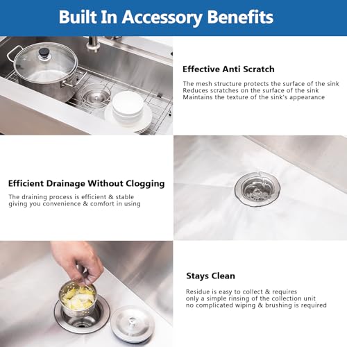 Image of 33 Farmhouse Sink, Drop In Stainless Steel Apron Front Farm Sink 33x22x9 Single Bowl 16 Gauge with Accessories