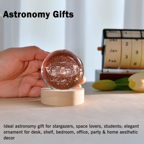 Image of IFOLAINA 3D Solar System Crystal Ball Laser Engraved Glass Sphere Home Decor with Wooden Light Base | EngravDecorative Solar System Globe Model Astronomy Decor Gift for Boys Girls Physics Enthusiasts Space Model Collectors