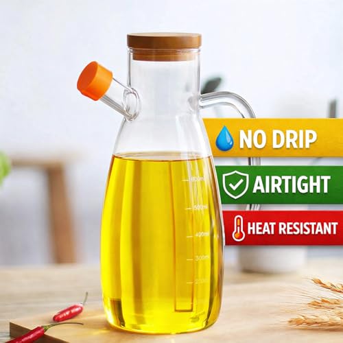 Image of 1000ml Glass Oil Dispenser Stoppers Bottle Spout free Glass Oil Bottle Cooking Oil Dispenser with Handle Pack of 1 Oil Bottle (1000ml wooden lid)